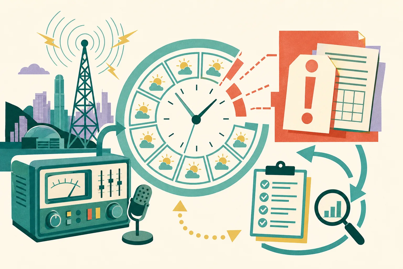 A cut-paper style diagram shows an AM radio receiver and broadcast tower connected to a circular hourly clock grid with a few interrupted segments, beside a regulatory review panel and a looping compliance checklist.