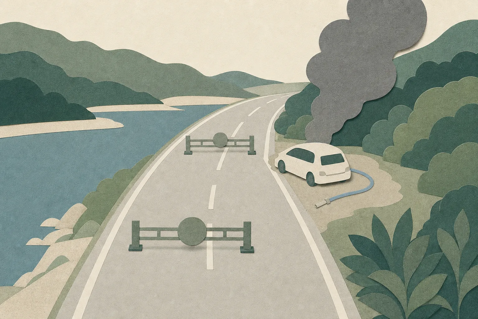 A flat cut-paper illustration of a two-way rural road interrupted by closure markers, with one generic private car at the roadside, a subdued grey smoke shape above it and a simple hose line nearby.
