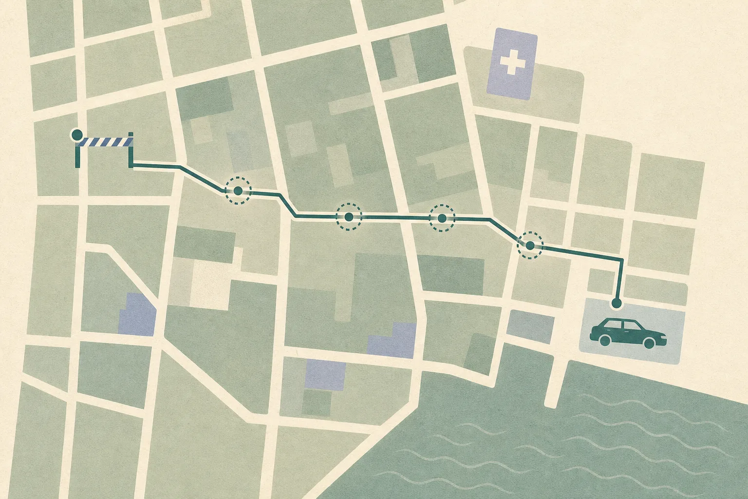 A restrained abstract street map of Hong Kong roads shows a broken route from a checkpoint bar to an isolated small car, with several neutral interruption marks and a simple hospital block at the edge.