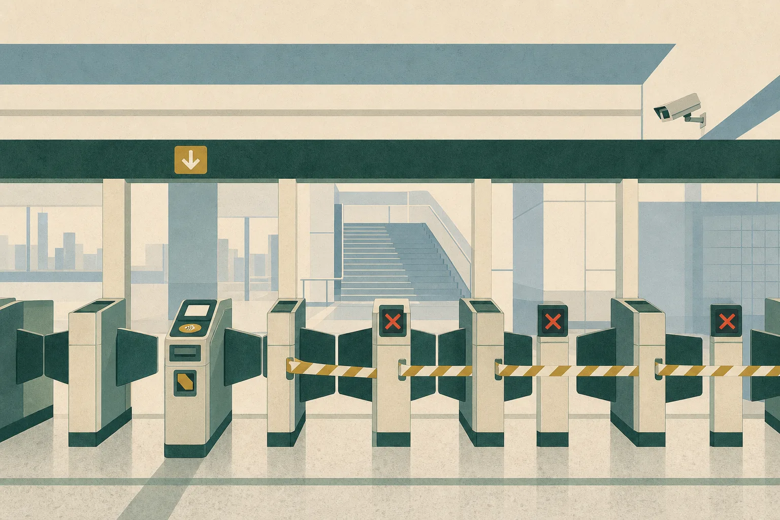 Flat cut-paper illustration of an MTR exit-gate array with a payment interface, one red warning light, a small CCTV camera and interrupted boundary lines, with no people shown.