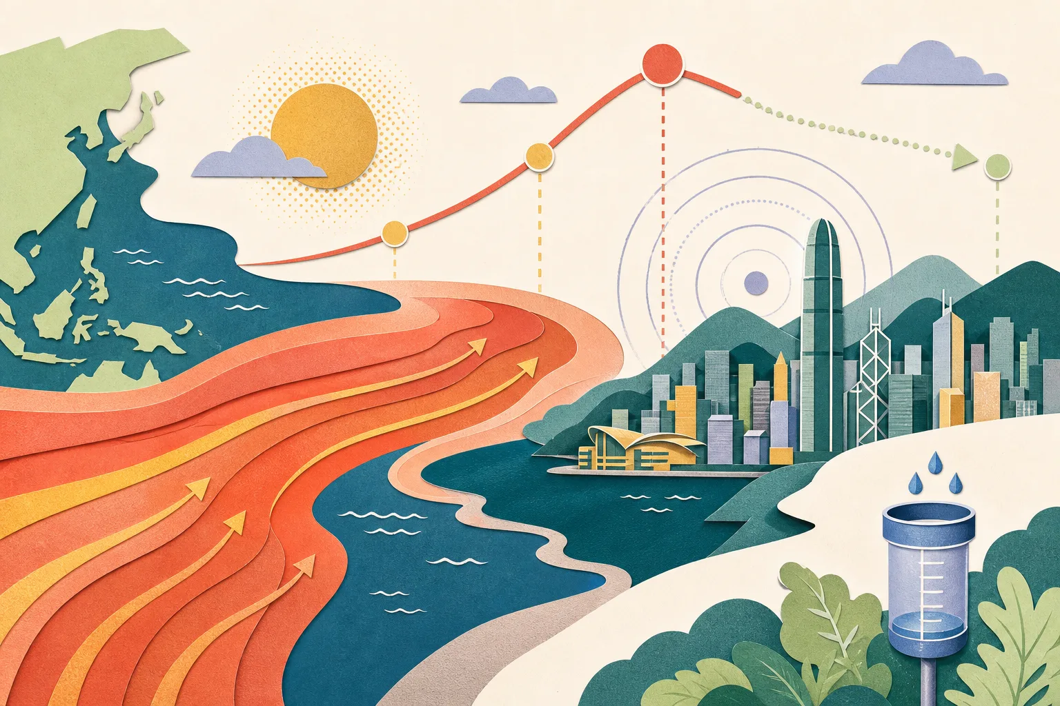 A cut-paper climate diagram shows warm ocean bands moving toward a simplified Hong Kong urban edge, a curve peaking in November–December 2026 and continuing toward spring 2027, a small rain gauge with a few drops, and concentric monitoring marks in coral, blue, teal and ochre.