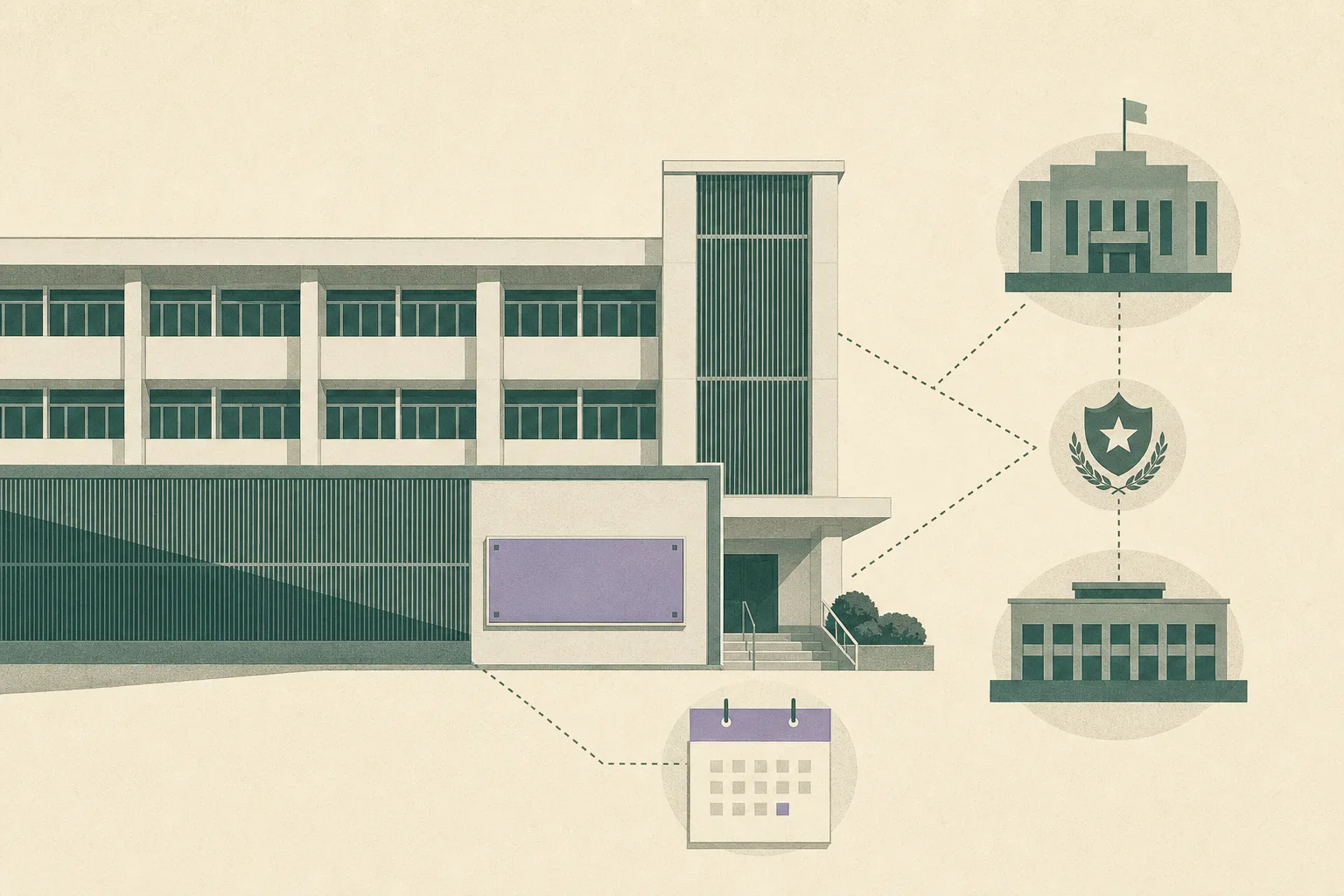 A simplified school-building elevation in muted blue and grey, partly covered by an opaque privacy screen, with a sealed notice panel and restrained geometric links to abstract institutional blocks.