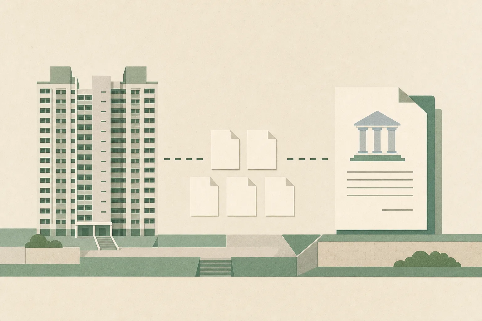 A simplified residential tower and a neutral court document are separated by an interrupted line, with blank document tiles between them in a restrained cut-paper collage.