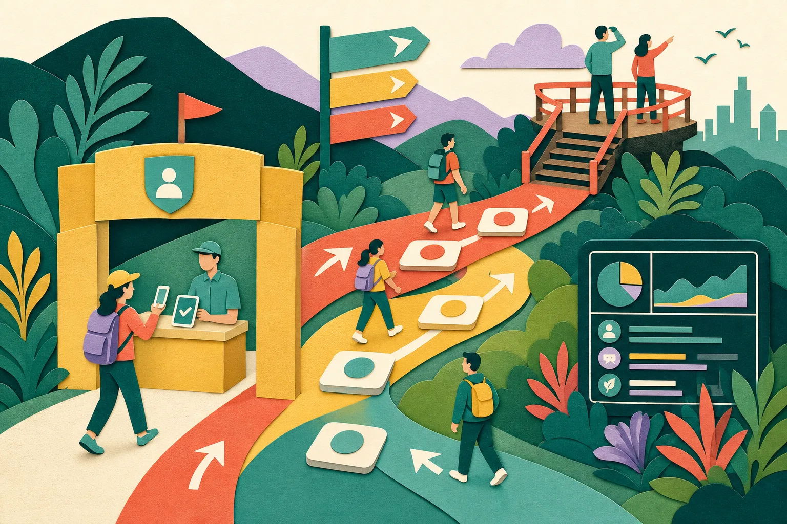 A cut-paper illustration of a country-park trail leading to a lookout platform, with colorful reservation tiles, directional signs and evenly spaced flow markers showing an orderly entry system.