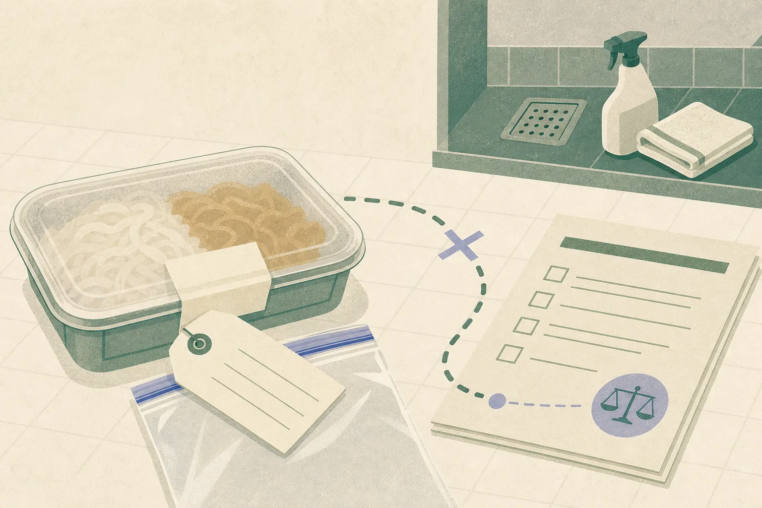 A sealed takeaway container with abstract noodle shapes sits beside an evidence label and a neutral inspection checklist on a simplified tiled counter; a broken dotted line indicates that the source of the reported issue remains unresolved.