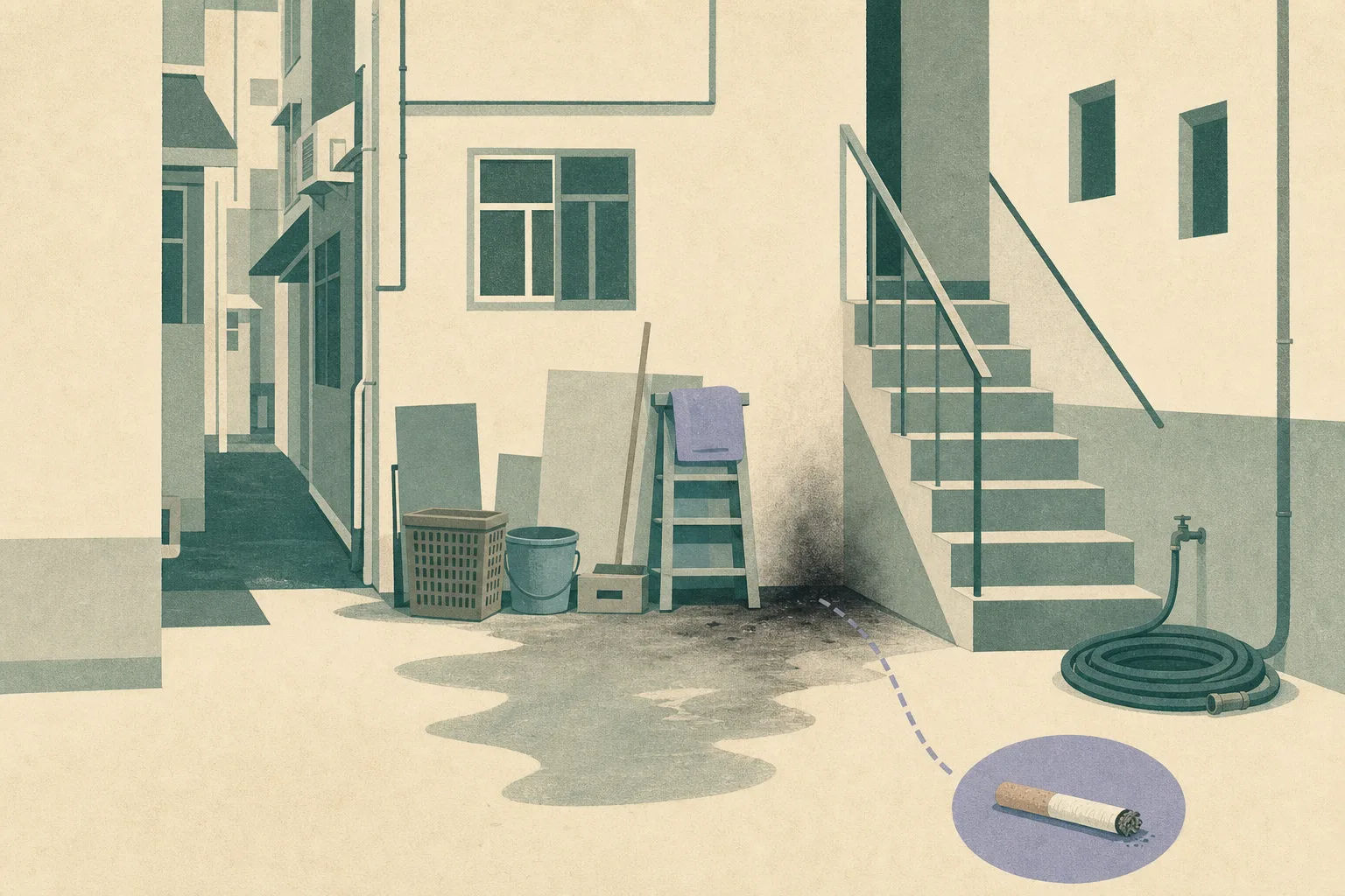 A flat cut-paper illustration of a narrow urban back alley and rear staircase, with stacked miscellaneous items, a small darkened ground patch, a coiled hose and an unlit cigarette-shaped fragment set apart at the edge.