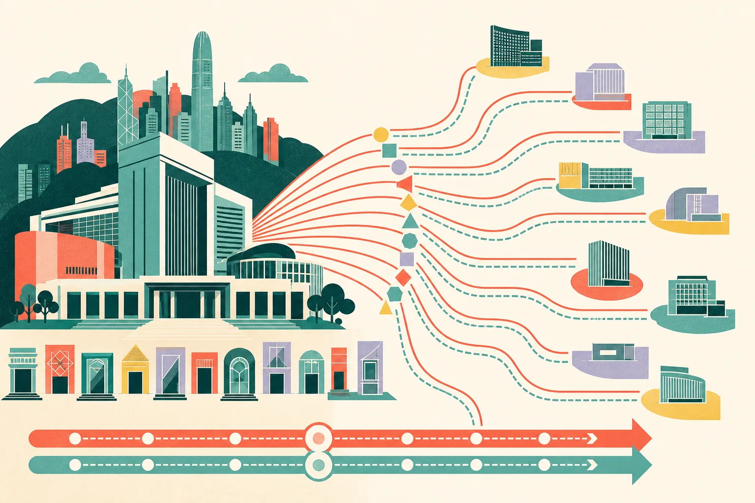 A cut-paper civic collage shows a simplified Hong Kong government-office silhouette connected by colourful geometric routes to abstract international institutional nodes. Sixteen small markers form the departing cohort, with a paired band suggesting a two-year placement and a small September 2026-­s