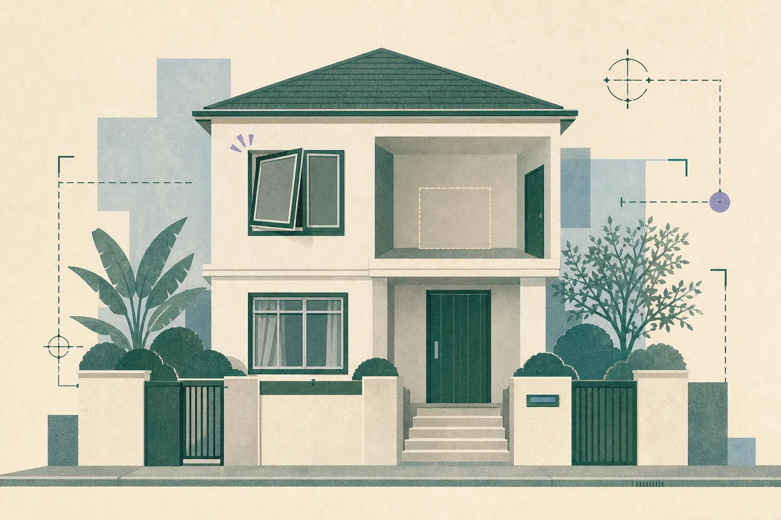 Flat graphic illustration of a detached house with one slightly displaced window and a quiet empty rectangular space inside, suggesting a reported missing safe and an ongoing investigation.