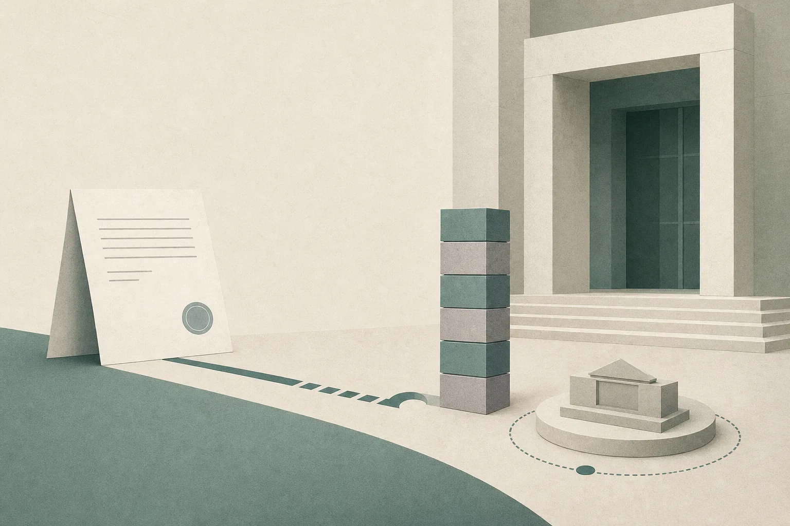 Abstract cut-paper diagram of a formal court threshold, an interrupted legal-document path, and stacked blocks representing potential legal costs; no people are shown.