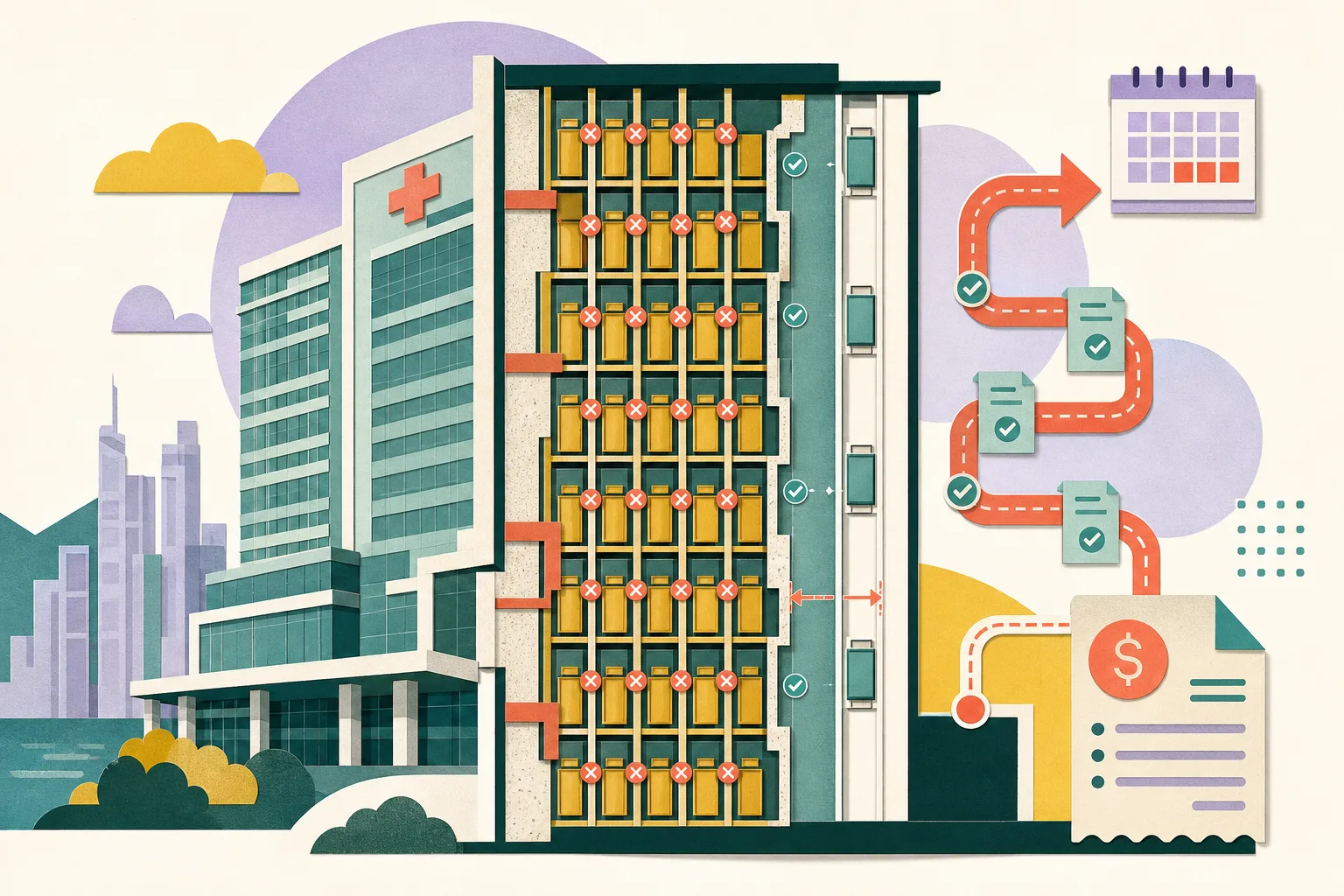 Cut-paper diagram of a hospital lift core showing 28 lift bays, 24 interrupted by repair markers, four clear bays, an offset shaft wall and a small 2026 repair timeline.