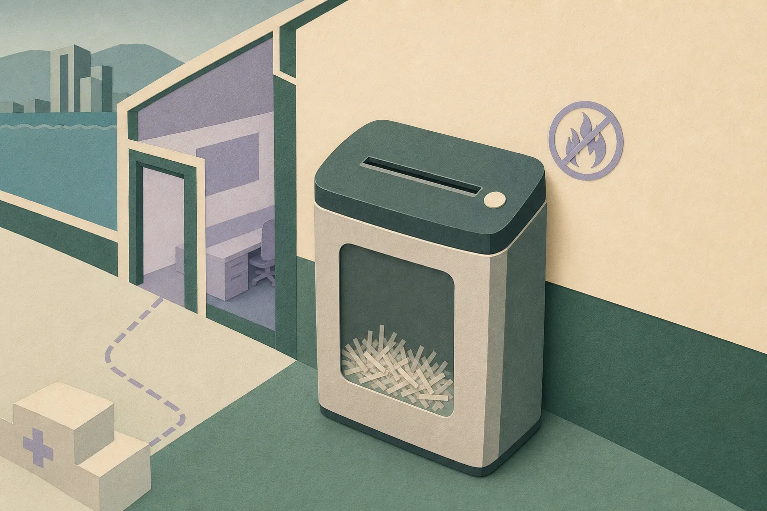 A powered-down paper shredder sits in a simplified office interior beside a small extinguished-fire symbol, with calm geometric wall and doorway shapes in muted teal, ochre and neutral paper tones.