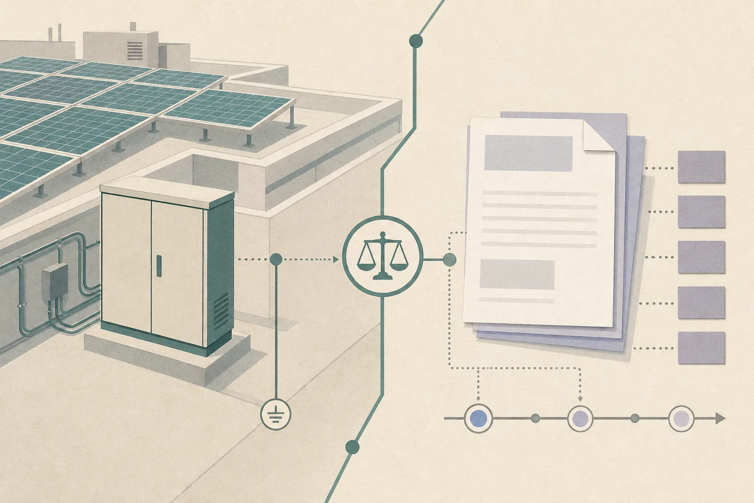 An abstract cut-paper illustration shows solar panels on an unoccupied industrial platform beside a closed electrical control cabinet. Layered blank legal documents and five neutral case markers sit beyond a clean boundary line, suggesting a court claim following a fatal workplace incident.
