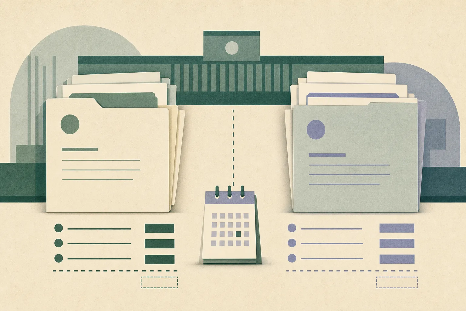 An abstract editorial illustration shows two separated document folders facing each other across a narrow vertical gap, with a calendar marked 1 December 2026 and simplified compensation blocks arranged on a muted institutional panel.