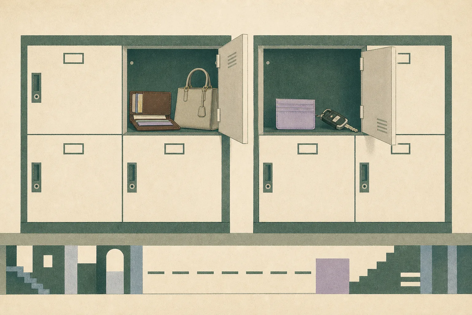 Flat cut-paper illustration of a hospital dormitory locker wall with two locker bays, one partly open, and separated neutral forms of a wallet, handbag, cardholder and car key; a recessed lower strip suggests an unresolved legal process.