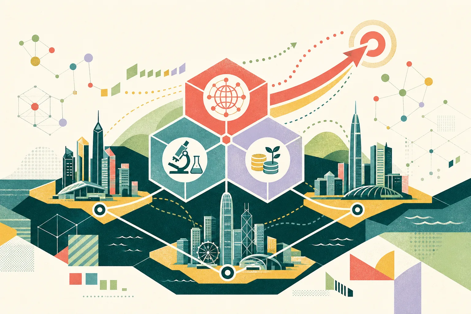 An abstract screen-printed diagram of three connected innovation hubs, with separate geometric modules for patents, scientific publications and venture-capital activity rising toward a top-position marker.