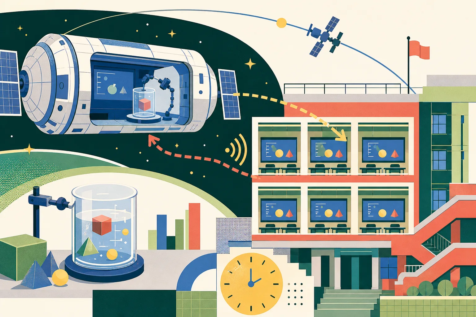A colourful cut-paper illustration links a simplified orbital classroom module to a Hong Kong school facade through a two-way broadcast signal, with a small science experiment apparatus and a calendar marker for a scheduled morning lesson.