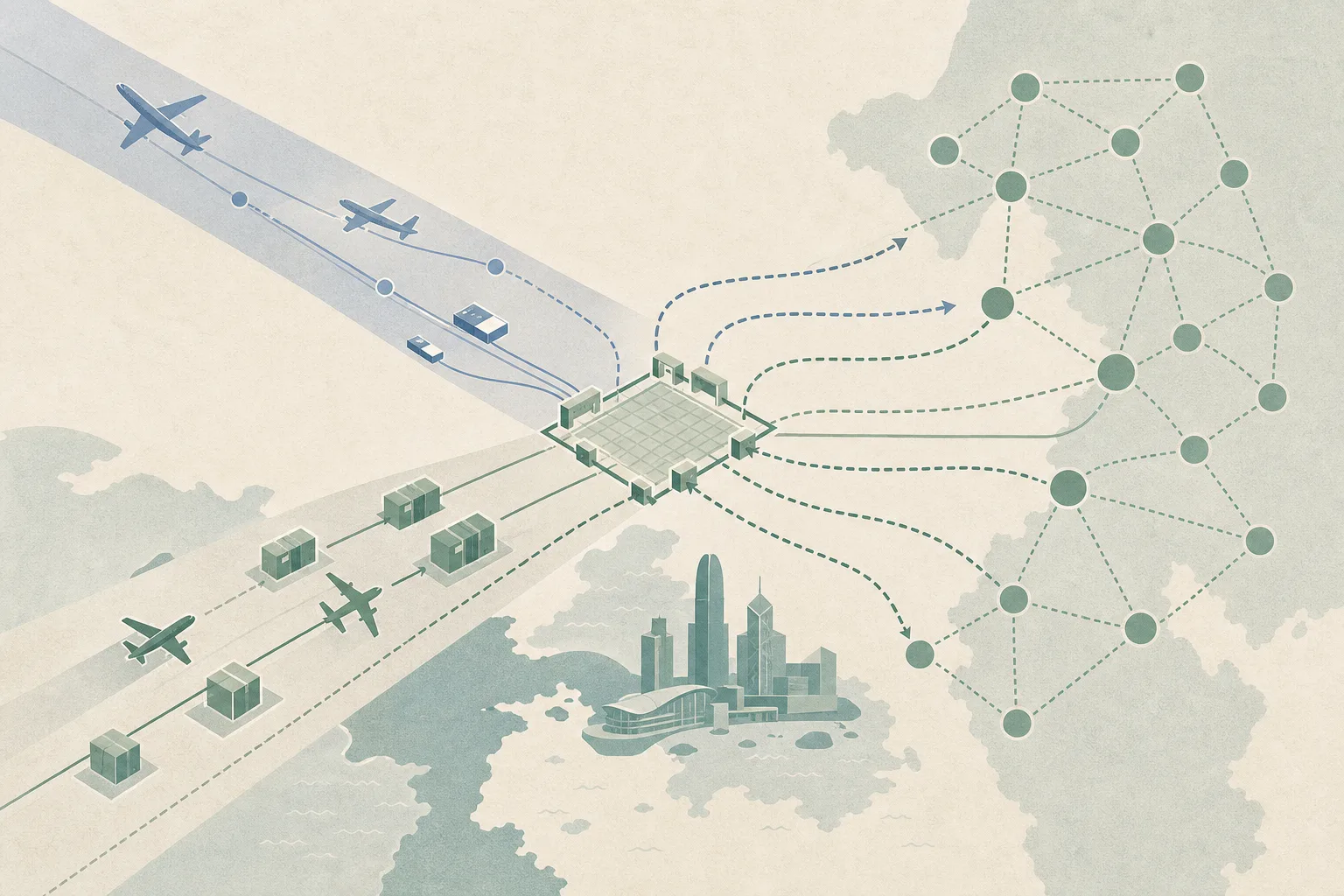 A low-chroma geometric diagram shows passenger and cargo route bands crossing between regional nodes and meeting a customs inspection grid, with several abstract shipment paths interrupted and linked through a cooperative information network.