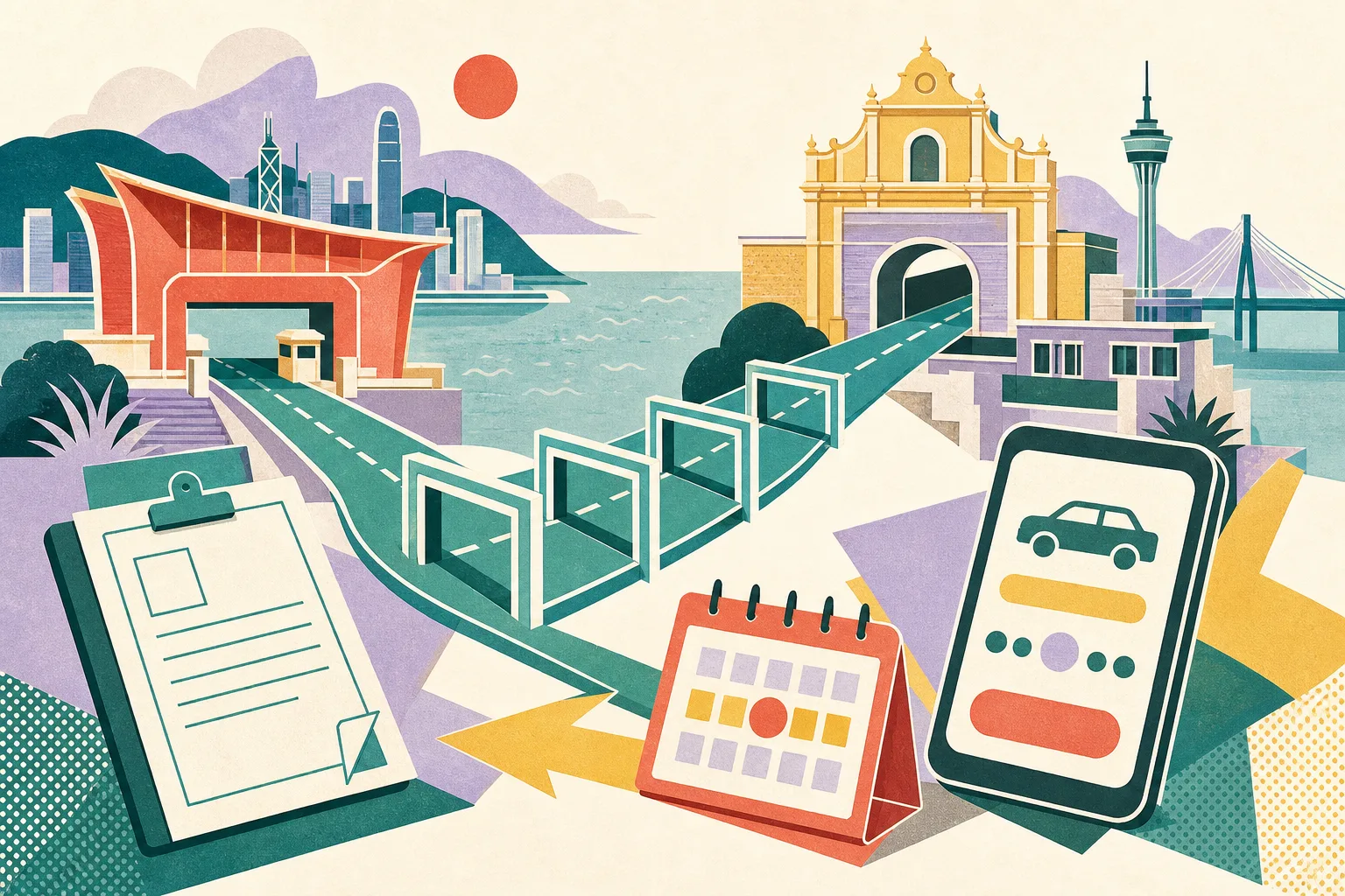 A cut-paper illustration of two simplified harbour gateways connected by a teal road ribbon, with open capacity slots, an unmarked permit document, an eight-hour booking calendar tile and a small digital booking panel.