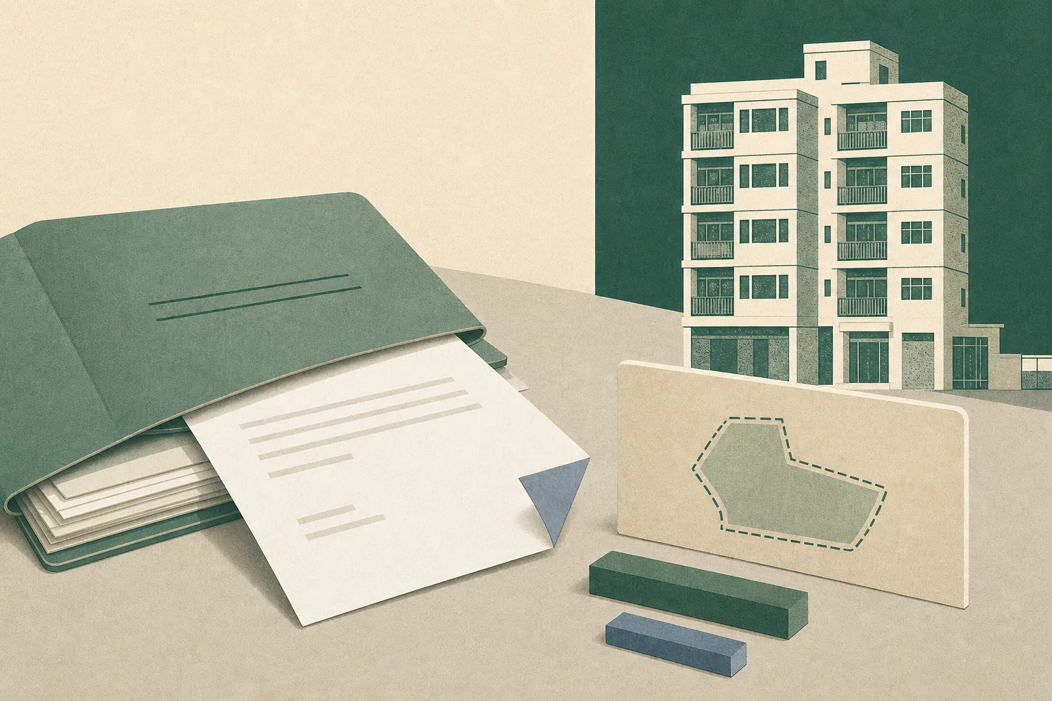 A quiet cut-paper still life shows a plain court file with one sheet pulled back beside a simplified Hong Kong apartment building elevation, an abstract estate divider and small unnumbered ledger blocks on a neutral surface.