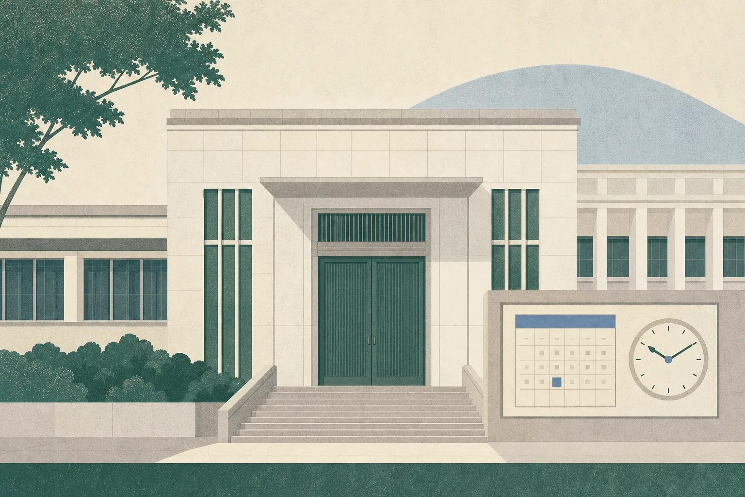 A simplified architectural illustration of West Kowloon Court with a closed courtroom entrance, a calendar showing Friday September 11, 2026, and a small clock marking 10 a.m.; no people are present.
