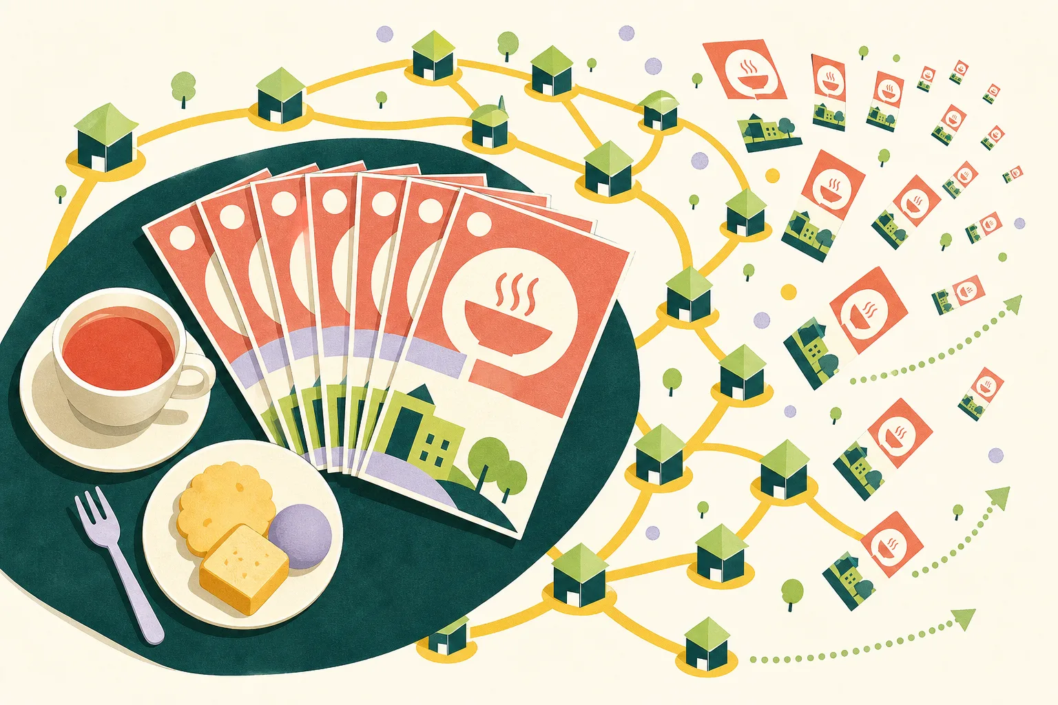 Top-down cut-paper illustration of eight voucher cards beside an afternoon-tea cup and plate, with geometric community-centre markers linked around them and a small September-to-November date strip.