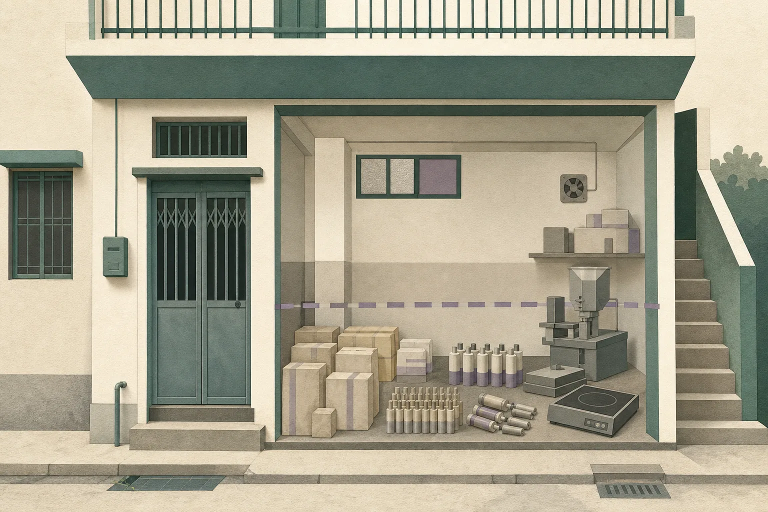 Flat cut-paper illustration of an anonymous rural village-house facade with a closed subdivided-unit door and a restrained interior cutaway showing sealed parcels, small unlabelled cartridge-like forms and simplified equipment behind a clear boundary line.