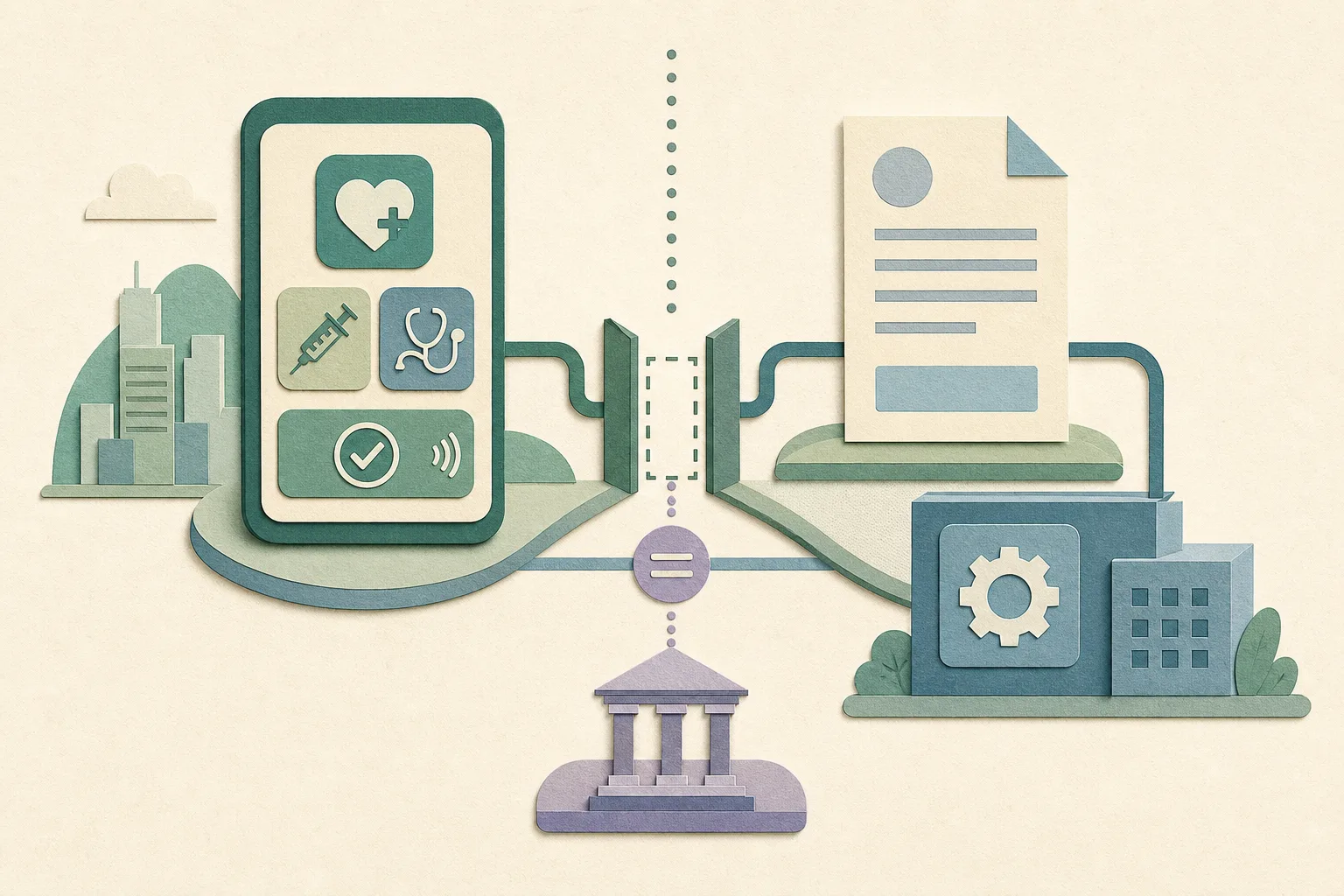 A cut-paper diagram links a generic health-services app tile and payment interface to an outsourced developer block through a contract card, with an interrupted disclosure checkpoint and a small courthouse marker.