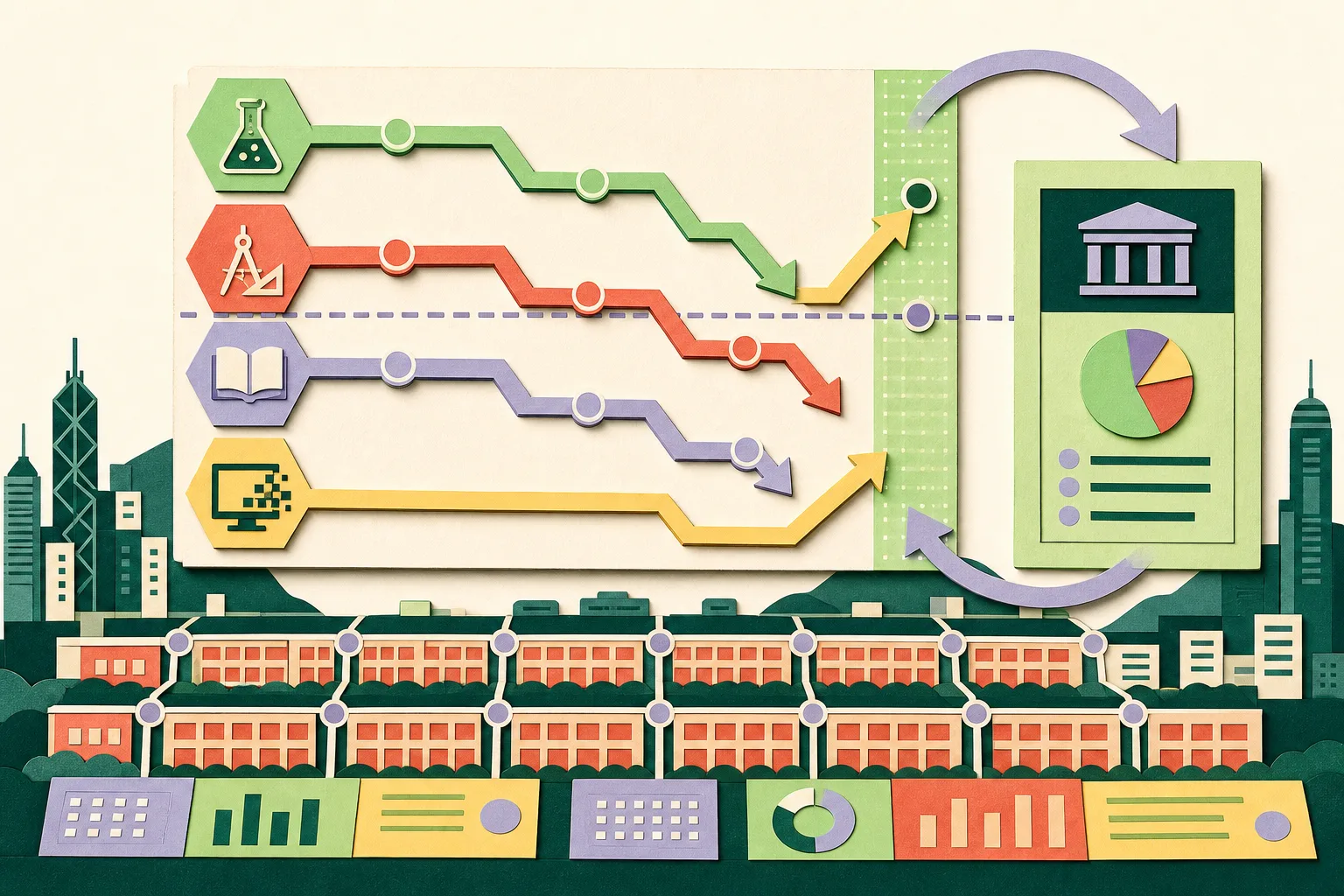 A cut-paper style abstract education dashboard shows three stepped assessment tracks moving downward and a separate digital-learning track rising above a horizontal benchmark, framed by a simplified grid of school buildings and connected to a neutral review panel.