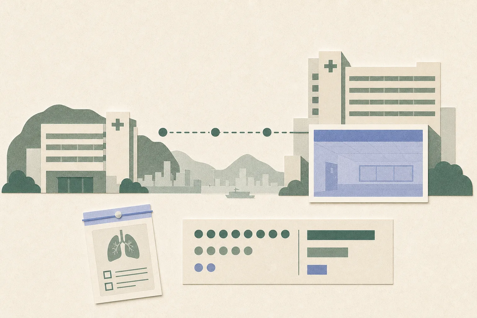 A quiet cut-paper diagram of two simplified hospital buildings linked by a transfer route, ending at an unoccupied intensive-care unit panel, alongside a sealed laboratory sample marker and a small restrained case-statistics grouping.
