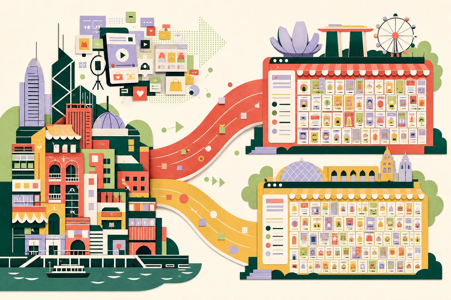 Cut-paper illustration of a Hong Kong trading block connected by a broad ribbon to two abstract Southeast Asian online-marketplace hubs, filled with varied product-card shapes and digital tiles in coral, teal, ochre and blue.