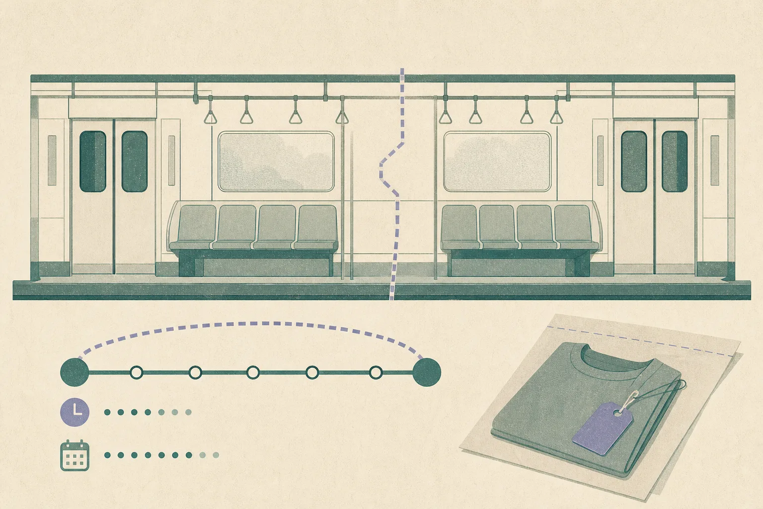 An empty simplified train carriage in flat architectural shapes, paired with a route line between Tai Po Market and Tai Wo and a small folded clothing tag outside the carriage.
