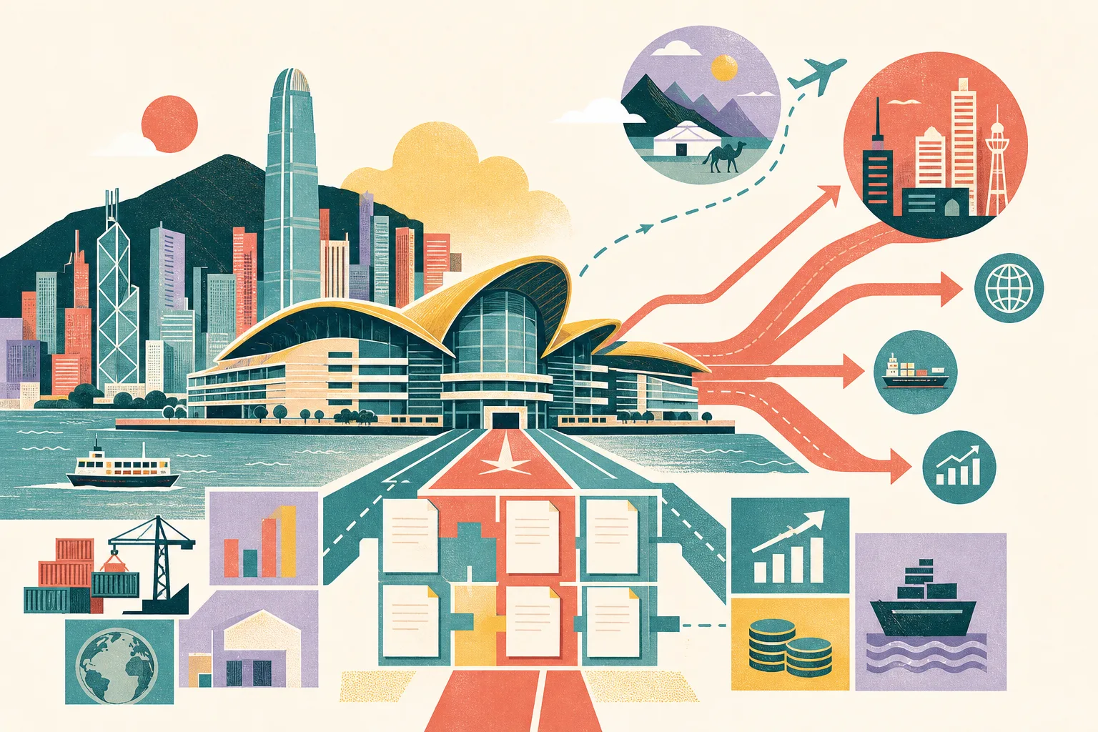 Flat cut-paper illustration of the Hong Kong Convention and Exhibition Centre in Wan Chai, with geometric connection lines extending toward abstract market nodes, a grid of blank agreement tiles and a tentative route toward a Central Asia region.