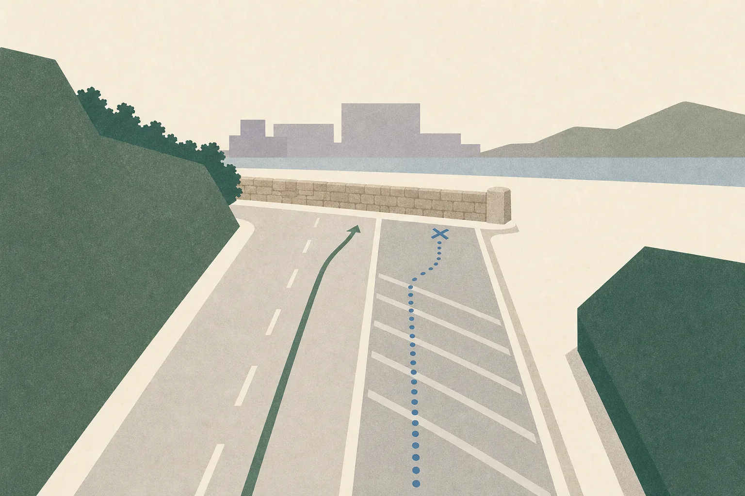 A restrained diagram of an empty two-lane road beside a simplified stone barrier, with one lane interrupted by a closure band and a route line fading before the barrier.