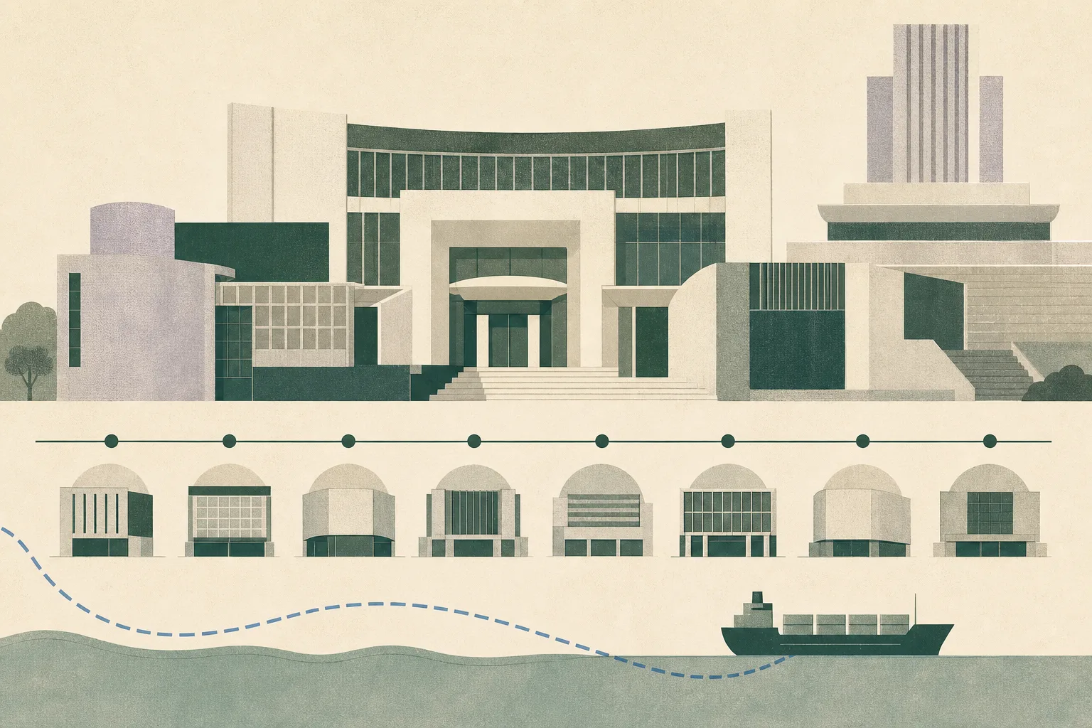 A flat cut-paper illustration of an abstract civic facade with a subdued horizontal 1997–2005 timeline, a small maritime route motif and an ascending administrative form, rendered in mineral blue with muted ochre, dusty teal and soft coral accents.