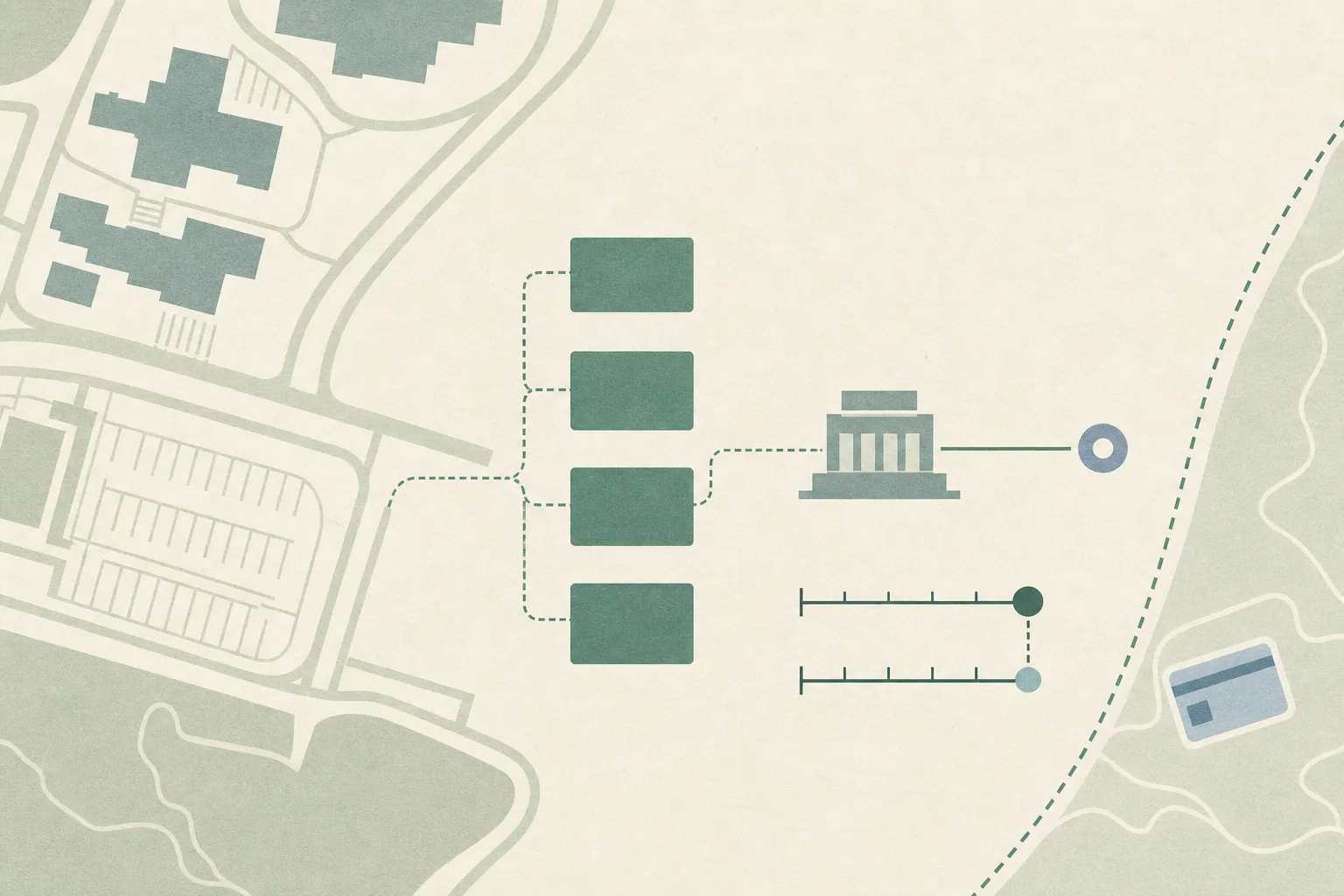 A flat diagrammatic illustration of an empty campus road and parking grid leading through four separated charge markers toward a simplified magistrates’ court block and a later hearing marker, with a small breath-test gauge and surrendered licence card beyond a boundary line.
