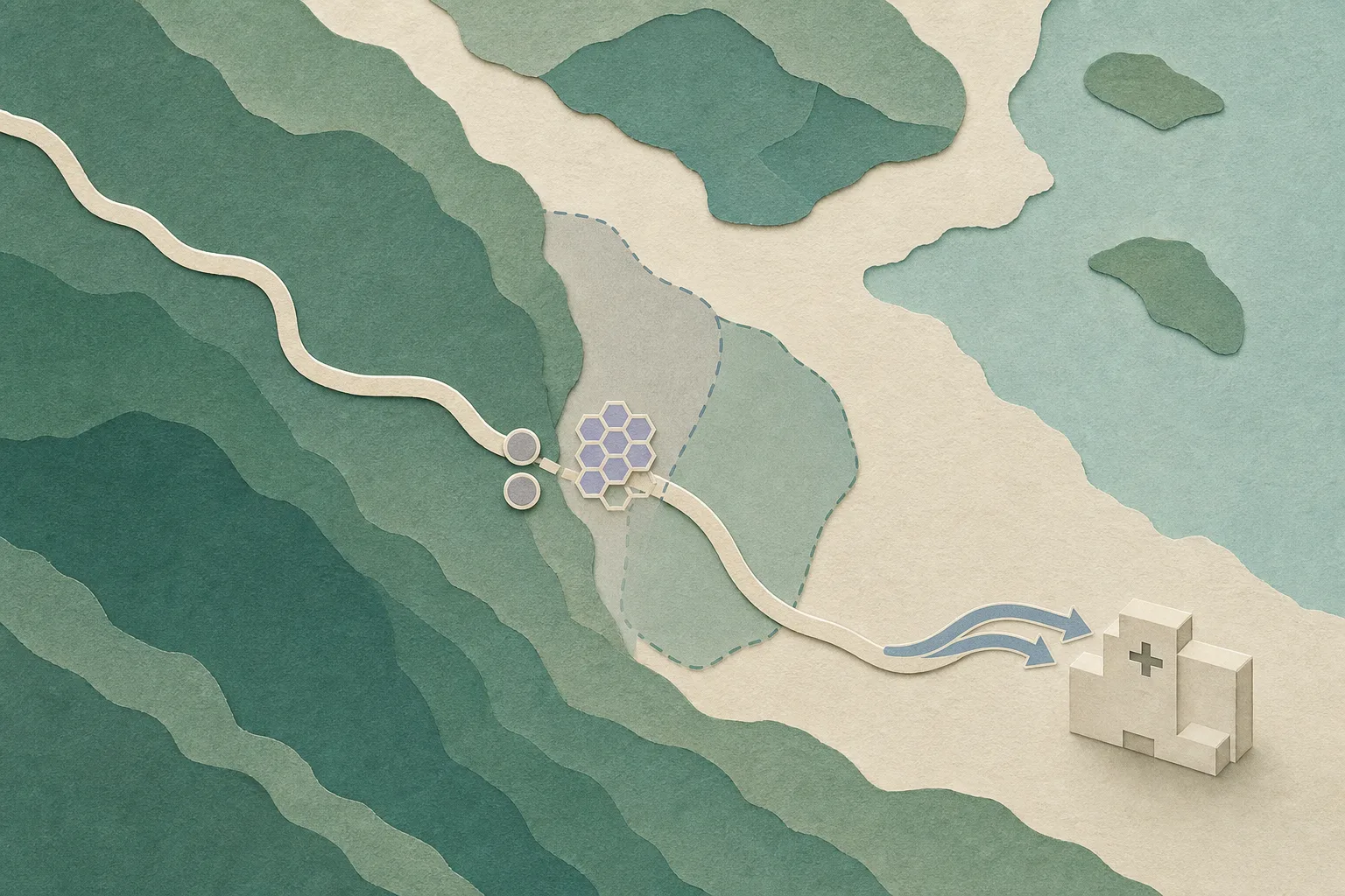 Top-down cut-paper illustration of an unoccupied Sai Kung hiking trail passing a small honeycomb shape, with two neutral markers and a restrained route leading toward a simple hospital block.