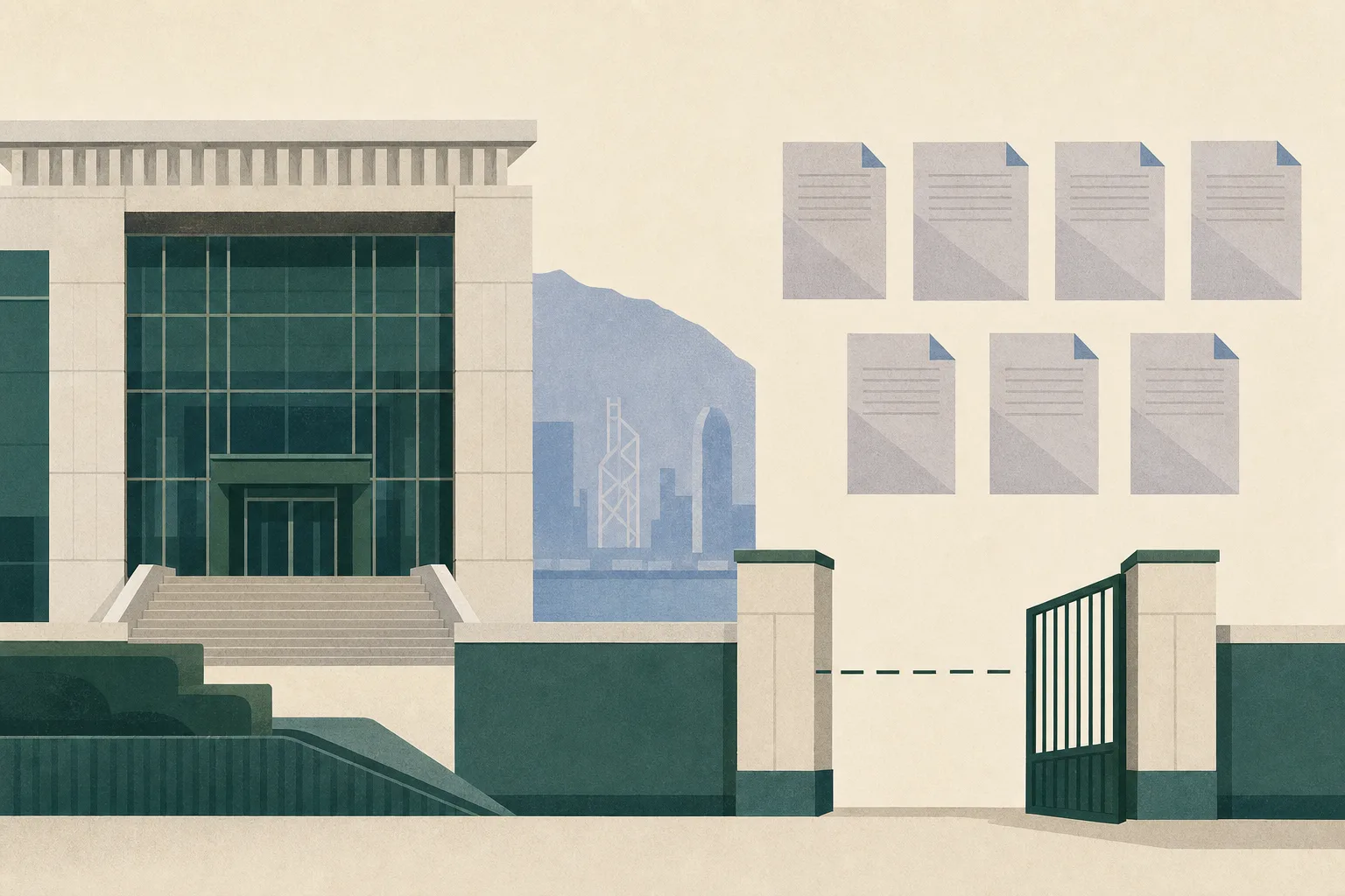 Flat cut-paper illustration of a civic courthouse facade with seven blank rectangular case tiles, an interrupted boundary line and a partially open gate, using muted mineral blue, charcoal and warm grey.