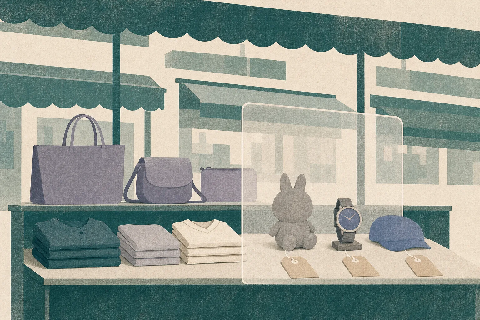 A flat cut-paper illustration of an unbranded market-stall display with simplified handbags, folded clothes, a watch and a small toy behind a transparent inspection divider, using muted blue, ochre and dusty teal shapes with light screen-print texture.