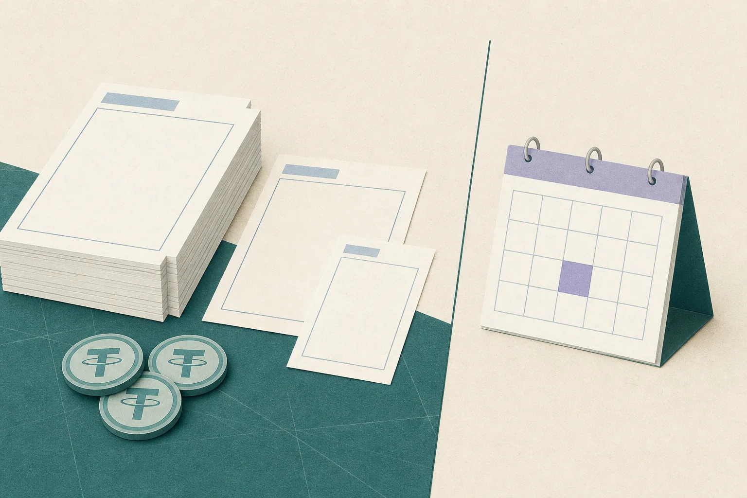 A flat graphic still life shows overlapping blank bank-letter sheets, two smaller collateral-letter sheets, understated digital-token discs and a calendar marked September 18, 2026, divided by a thin boundary line.