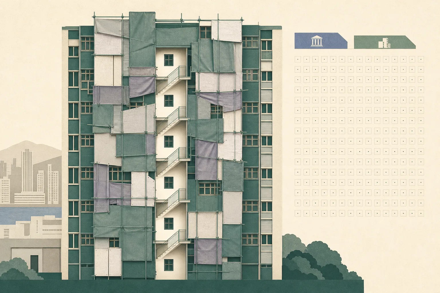 A flat cut-paper illustration of a renovated high-rise apartment facade, with an interrupted stairwell channel, layered panels over some openings and a restrained grid of 259 charge markers beside the building.