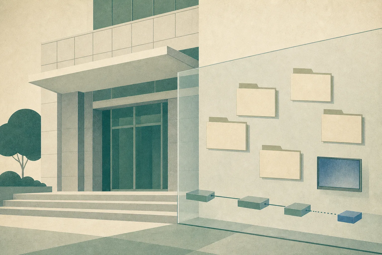 A subdued cut-paper illustration of a Hong Kong courthouse entrance with five separated blank case-file tabs behind a translucent boundary and a small abstract CCTV monitor panel; no people are shown.
