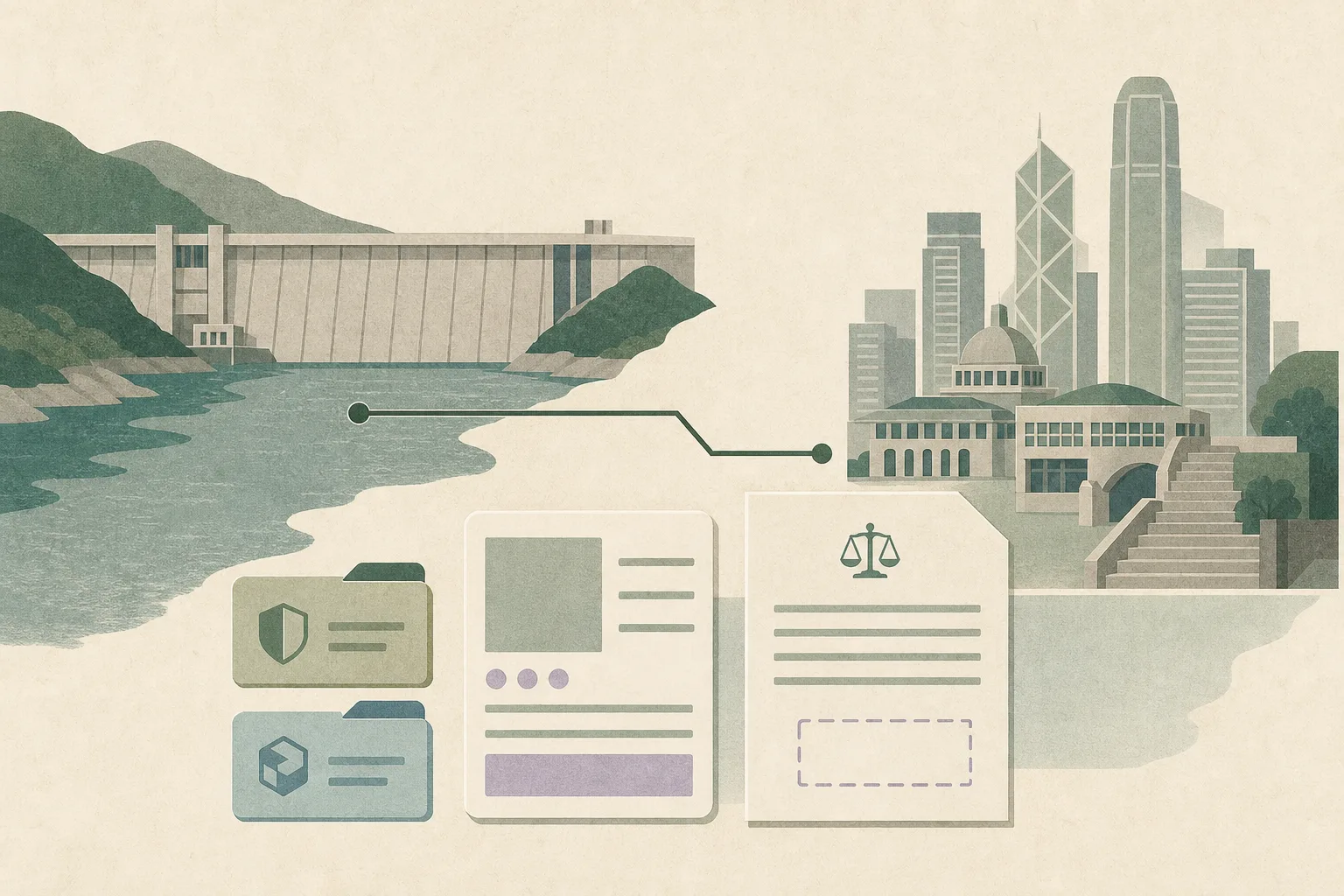A people-free cut-paper collage links a simplified concrete dam and reservoir at left with abstract Central city blocks at right. A thin route line passes between civic document tabs, a generic booking card and an unfilled inspection form in muted blue, dusty teal and warm grey.