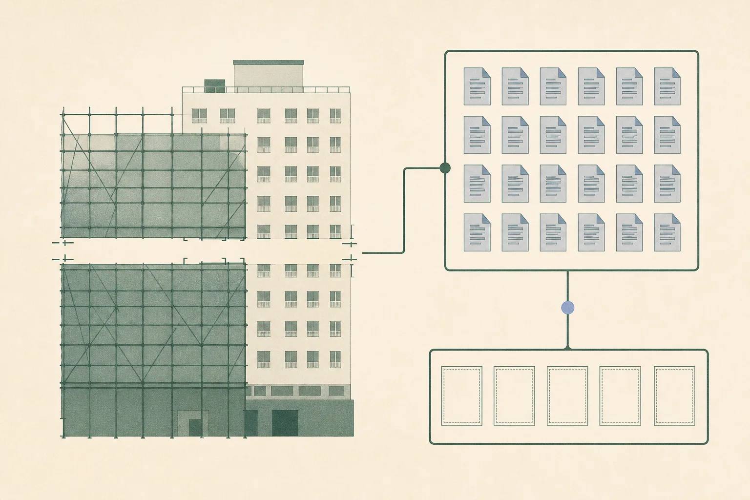 Abstract diagram of a renovation-site building facade connected by a line to a legal-process grid of 25 marks, with an interrupted scaffold band and five empty apertures indicating the reported fatalities.