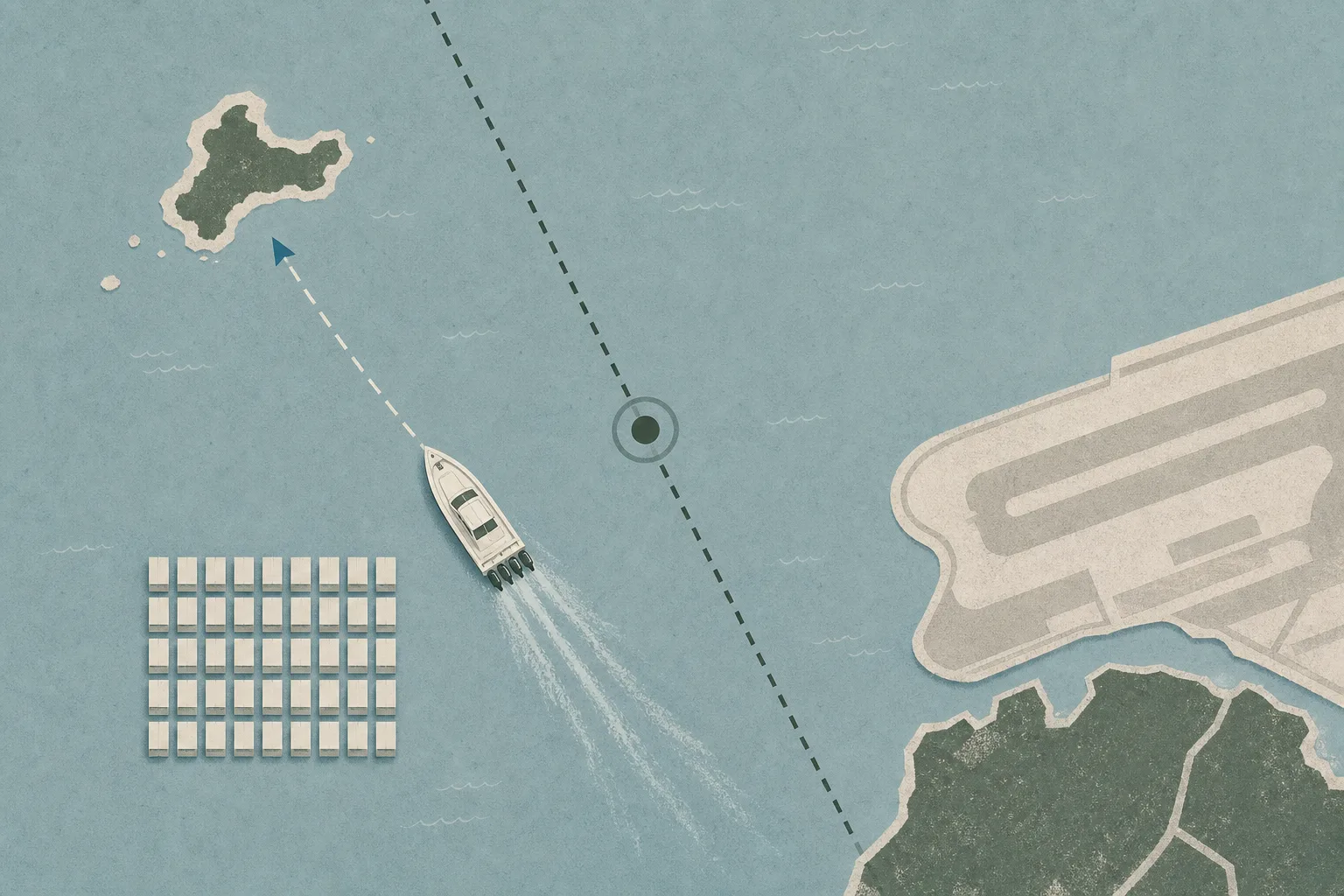 Top-down abstract maritime chart of the waters north-west of Chek Lap Kok, showing an unoccupied speedboat route toward Sha Chau interrupted by an enforcement boundary and a contained grid representing seized cigarette packs.