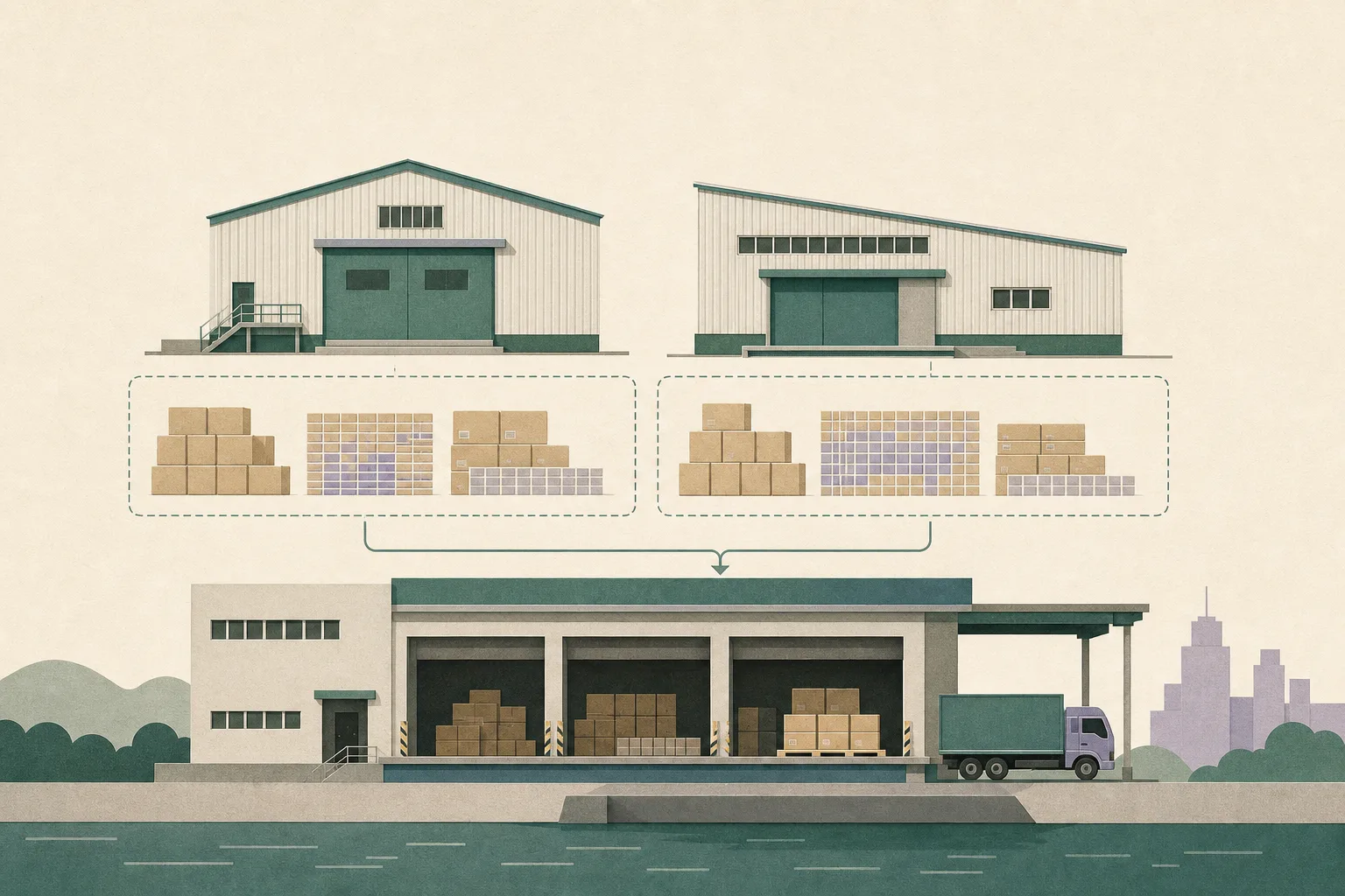 A flat cut-paper illustration of two plain metal-sheet storage buildings beside a logistics loading bay, with grouped sealed cartons, abstract inventory blocks and a thin route line between the sites.