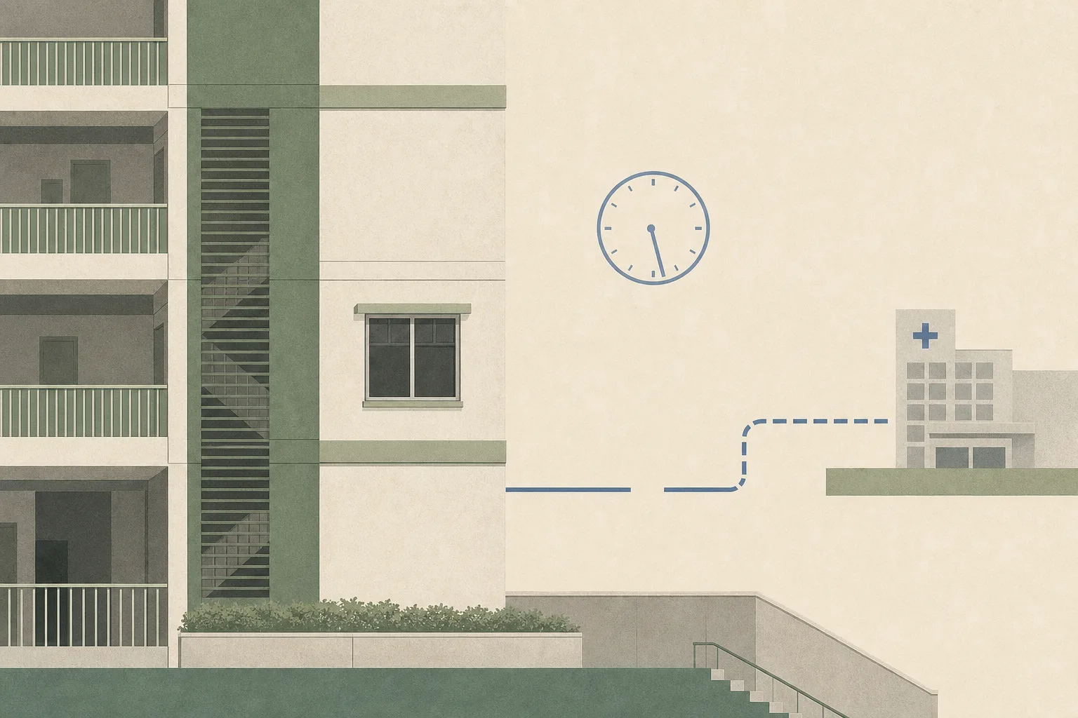 A quiet flat illustration of a transitional housing block in Kai Tak with one unlit unit window, a small hospital-form block, and an interrupted mineral-blue route line across a subdued dawn-toned background.