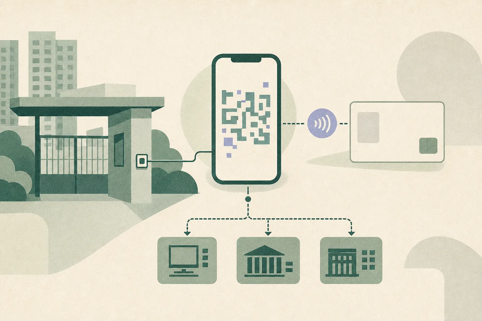 Abstract illustration of a phone with a non-readable QR pattern beside a blank identity card and NFC symbol, linked by fine lines to a simplified housing-estate entrance and neutral reporting channels.