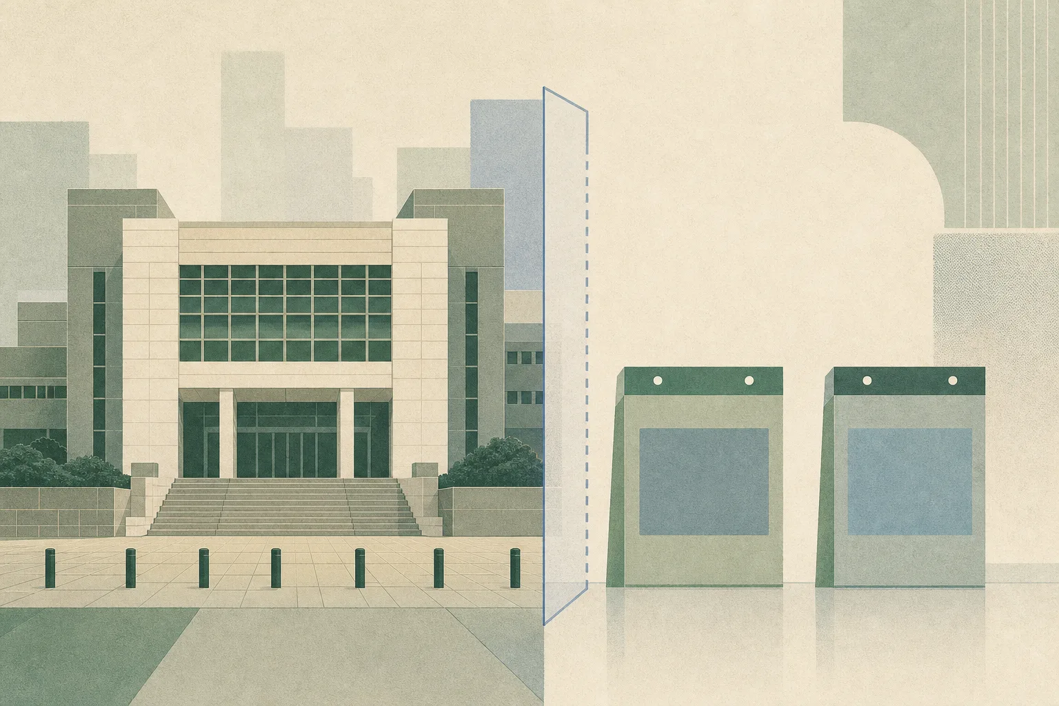 A flat cut-paper illustration of a simplified civic courthouse facade with two separate unassigned blocks labelled 36 months and 38 months, divided by a thin boundary line in a muted blue and neutral palette.
