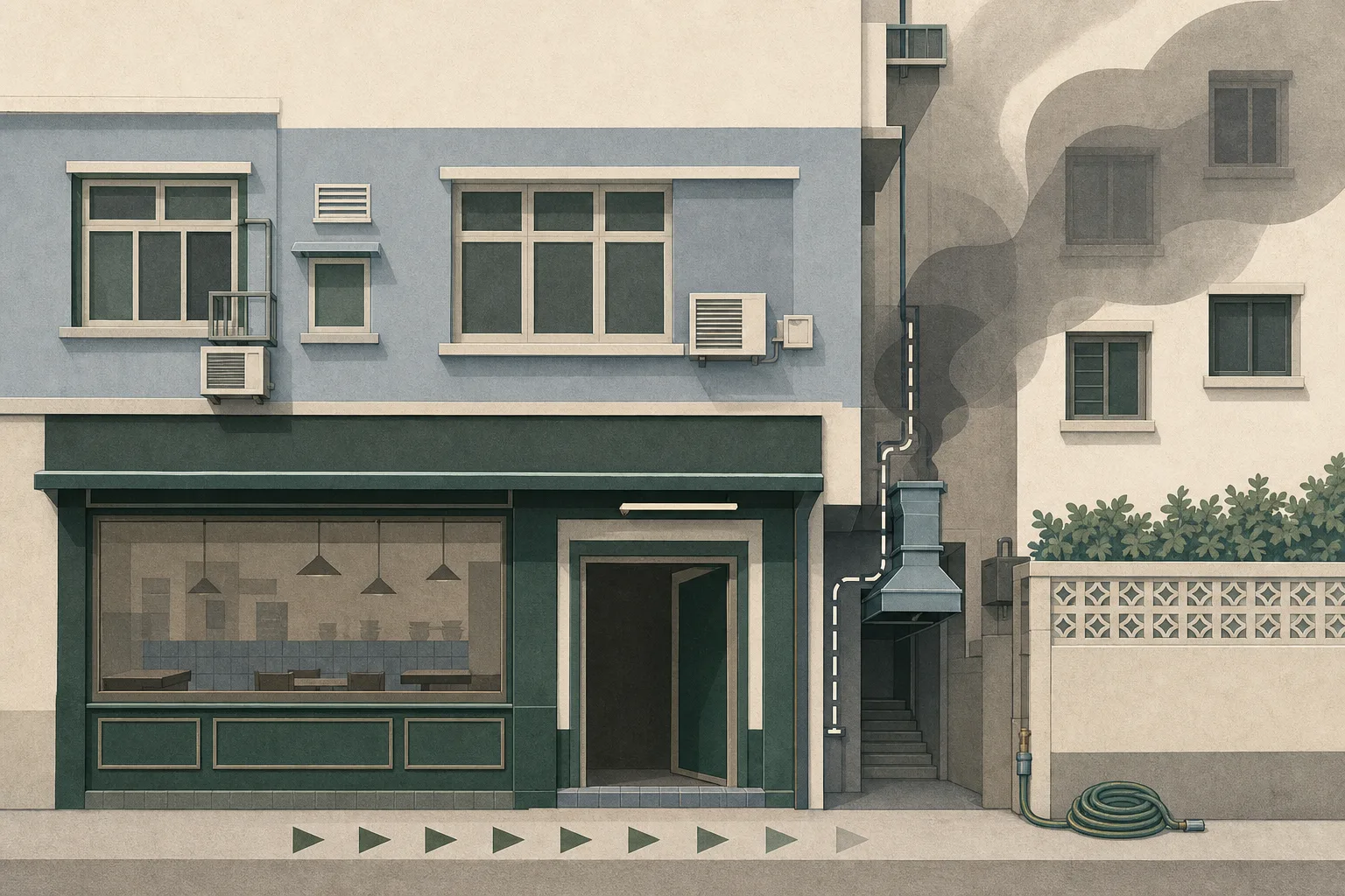 Flat cut-paper illustration of a ground-floor restaurant and upper residential windows in a dense urban building, with muted smoke drifting from a rear alley toward the windows, an open doorway, a simple exhaust duct and a coiled hose.