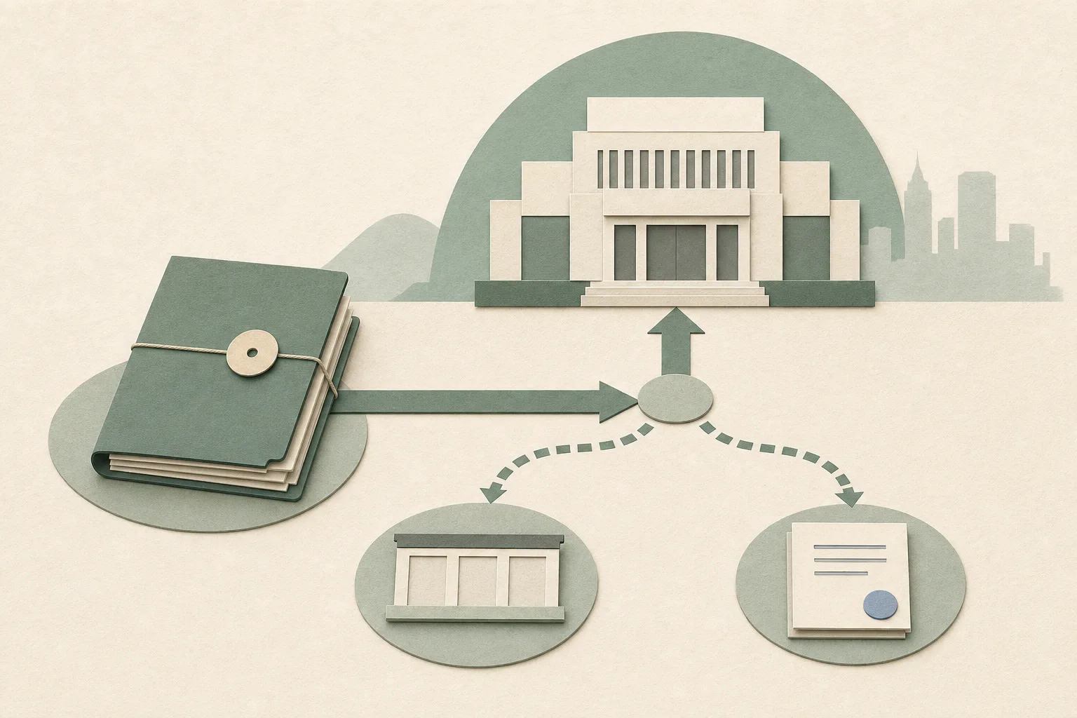 An abstract cut-paper legal process diagram shows a closed tribunal file moving toward a simplified High Court block, with a neutral branch leading to two possible procedural routes and a small hearing-date panel.